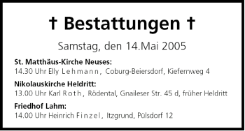Anzeige von Bestattungen vom 14.05.2005 von MGO