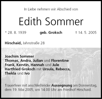Anzeige von Edith Sommer von MGO