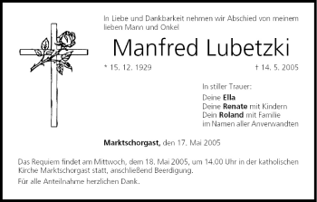 Anzeige von Manfred Lubetzki von MGO