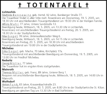 Anzeige von Totentafel vom 18.05.2005 von MGO