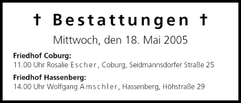 Anzeige von Bestattungen vom 18.05.2005 von MGO