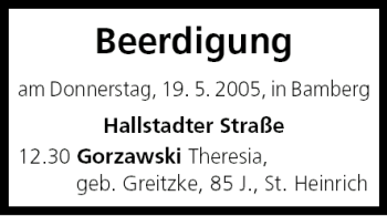 Anzeige von Beerdigungen vom 19.05.2005 von MGO