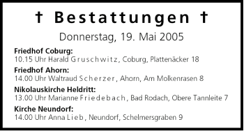 Anzeige von Bestattungen vom 19.05.2005 von MGO