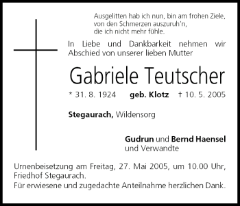 Anzeige von Gabriele Teutscher von MGO