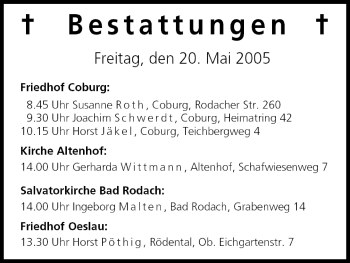 Anzeige von Bestattungen vom 20.05.2005 von MGO