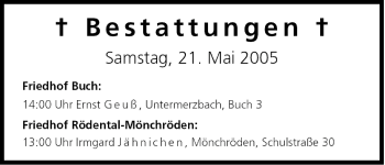 Anzeige von Bestattungen vom 21.05.2005 von MGO