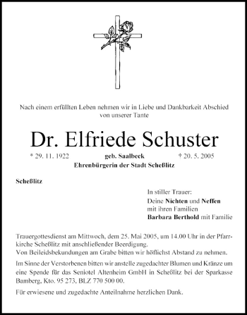Anzeige von Elfriede Schuster von MGO