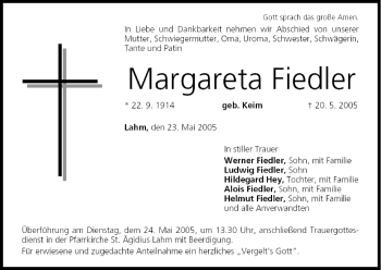 Anzeige von Margareta Fiedler von MGO