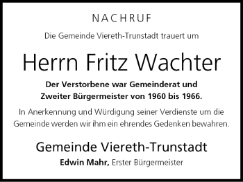 Anzeige von Fritz Wachter von MGO