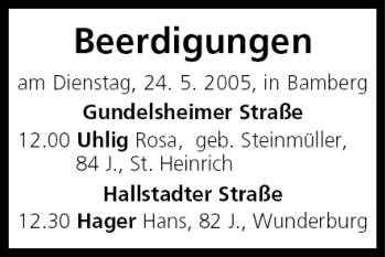 Anzeige von Beerdigungen vom 24.05.2005 von MGO