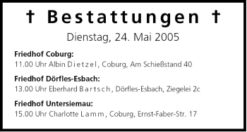 Anzeige von Bestattungen vom 24.05.2005 von MGO