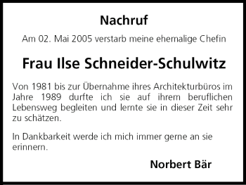 Anzeige von Ilse Schneider-Schulwitz von MGO