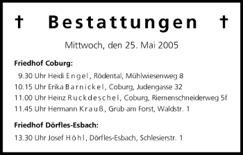 Anzeige von Bestattungen vom 25.05.2005 von MGO
