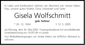 Anzeige von Gisela Wolfschmitt von MGO