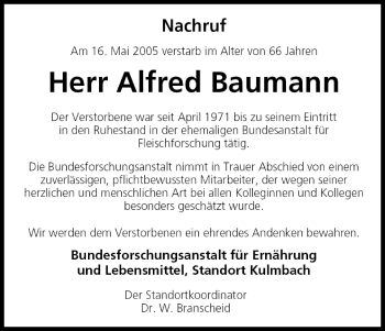 Anzeige von Alfred Baumann von MGO