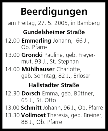 Anzeige von Beerdigungen vom 26.05.2005 von MGO