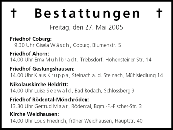 Anzeige von Bestattungen vom 26.05.2005 von MGO