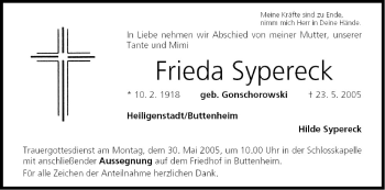 Anzeige von Frieda Sypereck von MGO