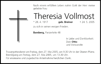 Anzeige von Theresia Vollmost von MGO