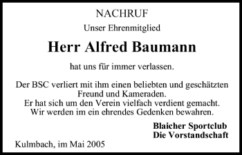 Anzeige von Alfred Baumann von MGO