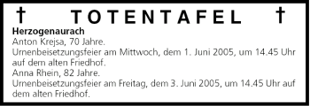 Anzeige von Totentafel vom 28.05.2005 von MGO