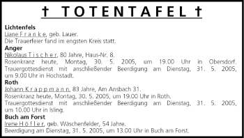 Anzeige von Totentafel vom 30.05.2005 von MGO