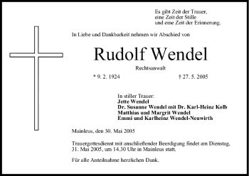 Anzeige von Rudolf Wendel von MGO