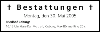 Anzeige von Bestattungen vom 30.05.2005 von MGO