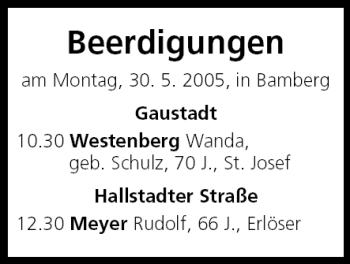Anzeige von Beerdigungen vom 30.05.2005 von MGO