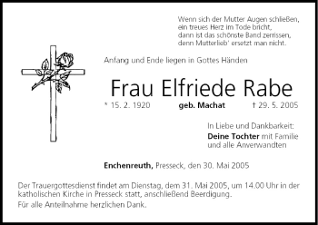 Anzeige von Elfriede Rabe von MGO