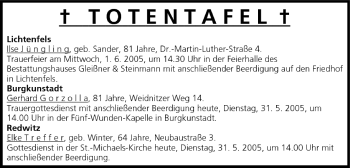 Anzeige von Totentafel vom 31.05.2005 von MGO