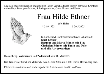 Anzeige von Hilde Ethner von MGO