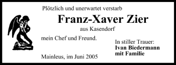 Anzeige von Franz-Xaver Zier von MGO