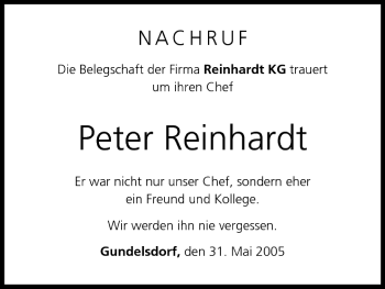 Anzeige von Peter Reinhardt von MGO