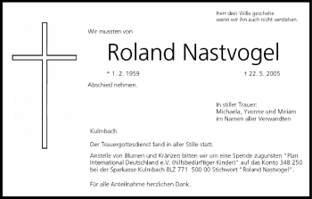 Anzeige von Roland Nastvogel von MGO