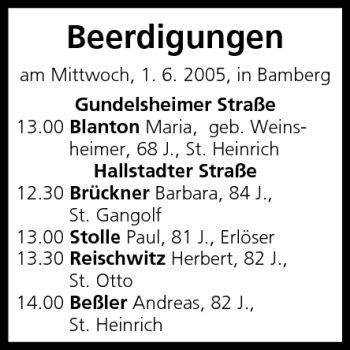 Anzeige von Beerdigungen vom 01.06.2005 von MGO