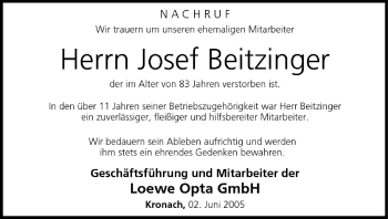 Anzeige von Josef Beitzinger von MGO