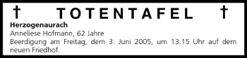 Anzeige von Totentafel vom 02.06.2005 von MGO