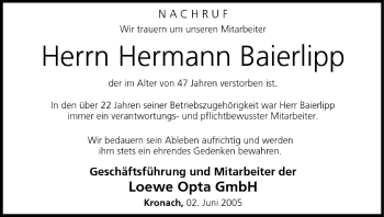Anzeige von Hermann Baierlipp von MGO