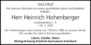Anzeige von Heinrich Hohenberger von MGO