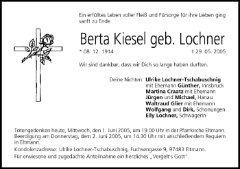 Anzeige von Berta Kiesel von MGO