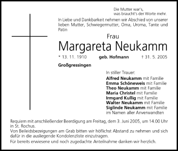 Anzeige von Margareta Neukamm von MGO