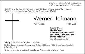 Anzeige von Werner Hofmann von MGO