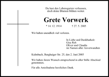 Anzeige von Grete Vorwerk von MGO