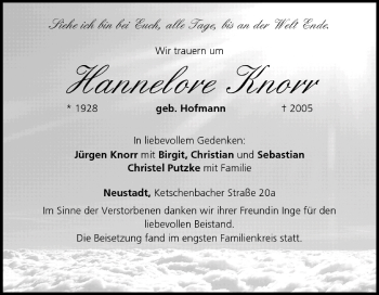 Anzeige von Hannelore Knorr von MGO