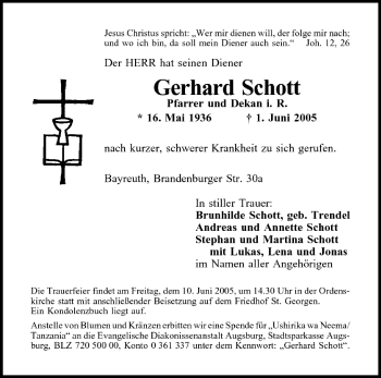 Anzeige von Gerhard Schott von MGO