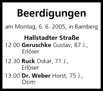 Anzeige von Beerdigungen vom 06.06.2005 von MGO