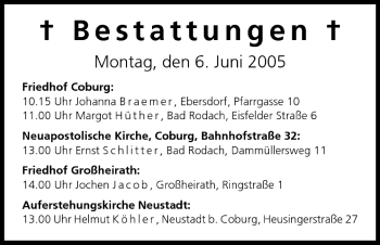 Anzeige von Bestattungen vom 06.06.2005 von MGO