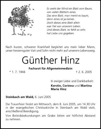 Anzeige von Günther Hinz von MGO