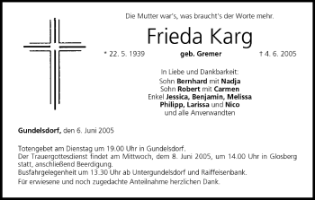Anzeige von Frieda Karg von MGO
